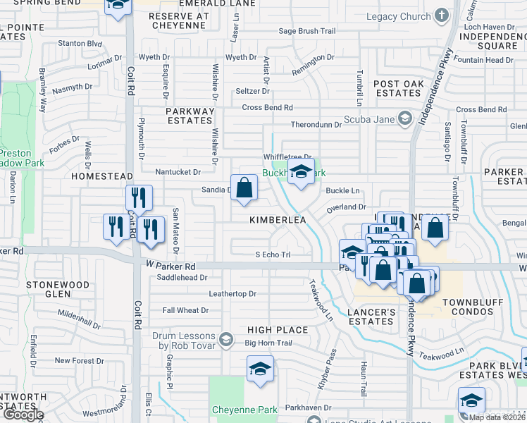 map of restaurants, bars, coffee shops, grocery stores, and more near 3605 Candelaria Drive in Plano