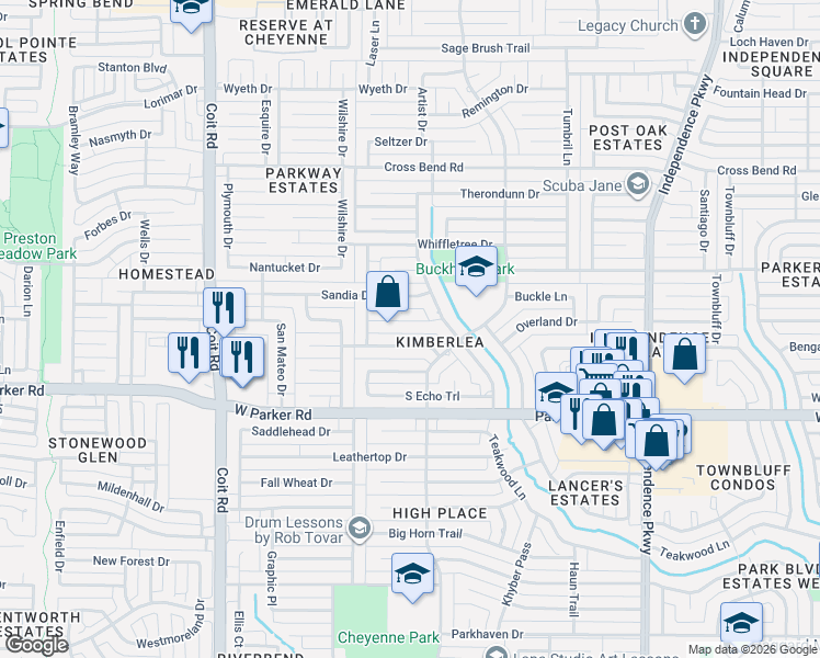 map of restaurants, bars, coffee shops, grocery stores, and more near 3605 Candelaria Drive in Plano