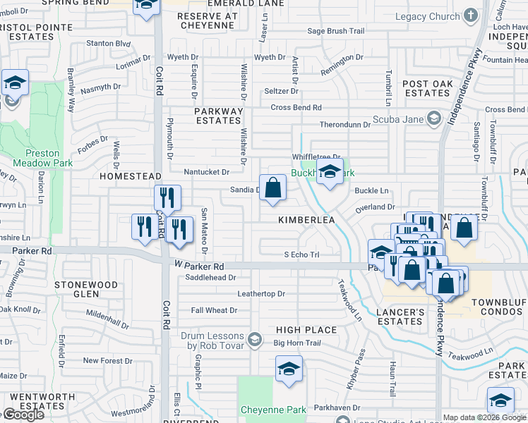 map of restaurants, bars, coffee shops, grocery stores, and more near 3625 Candelaria Drive in Plano