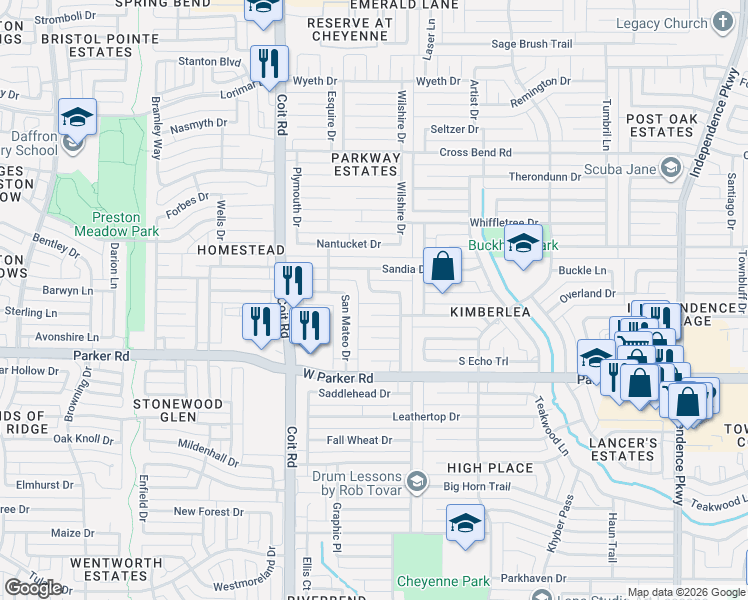 map of restaurants, bars, coffee shops, grocery stores, and more near 3713 Candelaria Drive in Plano