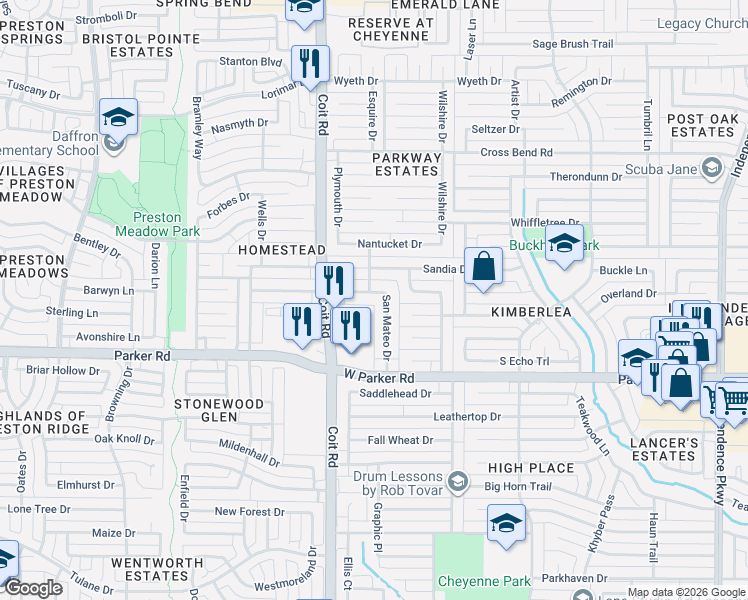 map of restaurants, bars, coffee shops, grocery stores, and more near 3403 San Mateo Drive in Plano