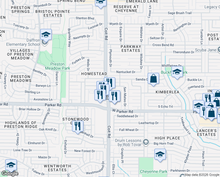 map of restaurants, bars, coffee shops, grocery stores, and more near 3404 Coit Road in Plano