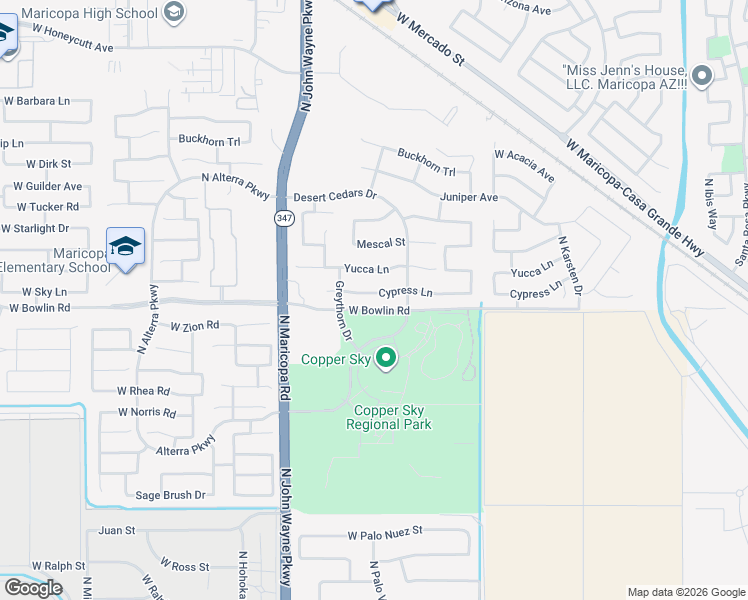 map of restaurants, bars, coffee shops, grocery stores, and more near 44333 Cypress Lane in Maricopa