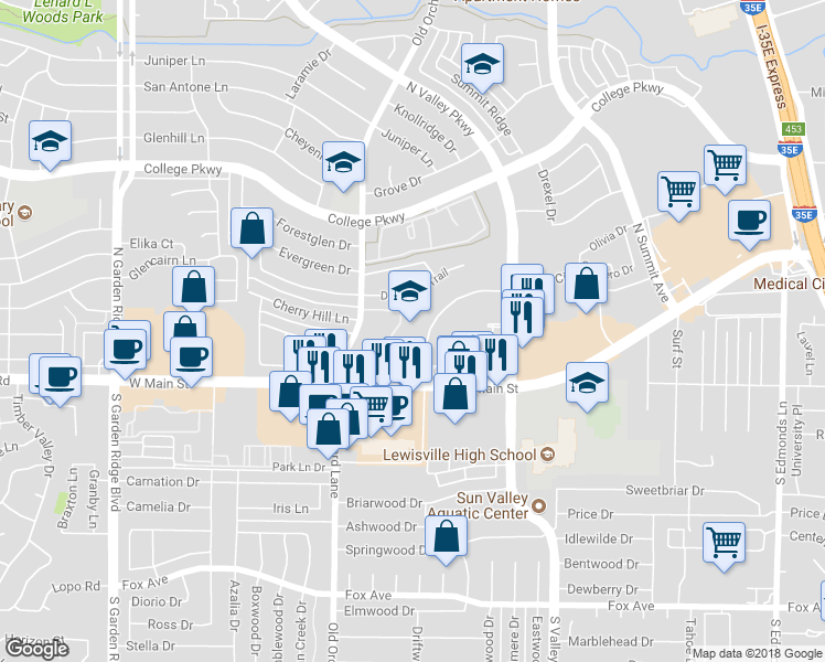 map of restaurants, bars, coffee shops, grocery stores, and more near 190 Civic Circle in Lewisville