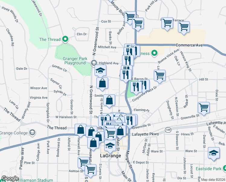 map of restaurants, bars, coffee shops, grocery stores, and more near 110 Smith Street in LaGrange