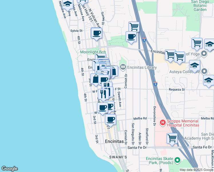 map of restaurants, bars, coffee shops, grocery stores, and more near 687 South Coast Highway 101 in Encinitas