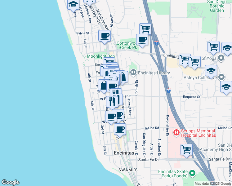map of restaurants, bars, coffee shops, grocery stores, and more near 687 South Coast Highway 101 in Encinitas