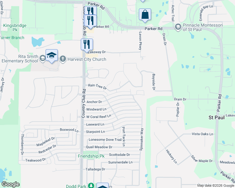 map of restaurants, bars, coffee shops, grocery stores, and more near 1405 Anchor Drive in Wylie