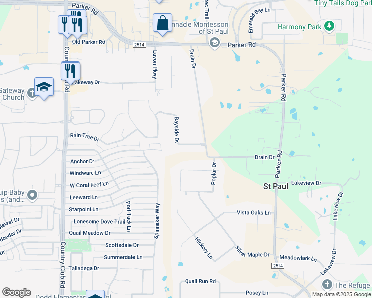 map of restaurants, bars, coffee shops, grocery stores, and more near 1107 Bayside Drive in Wylie