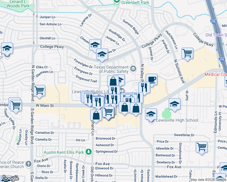 map of restaurants, bars, coffee shops, grocery stores, and more near 190 Civic Circle in Lewisville
