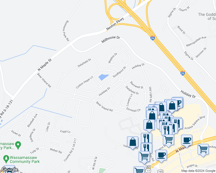 map of restaurants, bars, coffee shops, grocery stores, and more near 550 Holiday Drive in Summerville