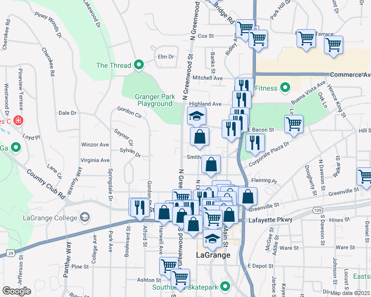 map of restaurants, bars, coffee shops, grocery stores, and more near 402 North Greenwood Street in LaGrange