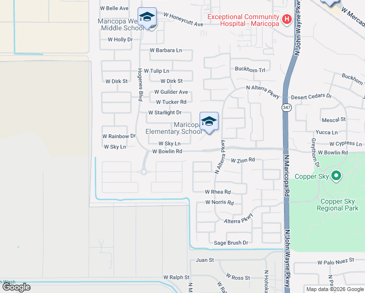 map of restaurants, bars, coffee shops, grocery stores, and more near 45558 Mountain View Road in Maricopa