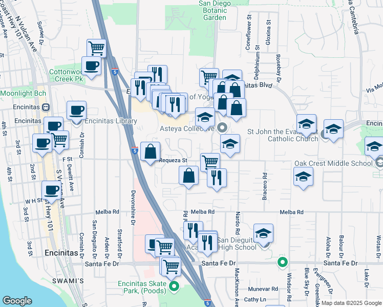map of restaurants, bars, coffee shops, grocery stores, and more near 694 Summer View Circle in Encinitas