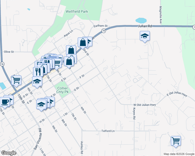 map of restaurants, bars, coffee shops, grocery stores, and more near 322 G Street in Ramona