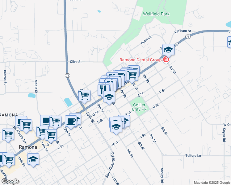 map of restaurants, bars, coffee shops, grocery stores, and more near 8th Street in Ramona