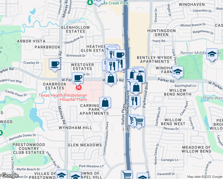map of restaurants, bars, coffee shops, grocery stores, and more near 6020 West Parker Road in Plano