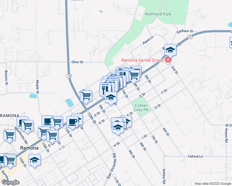map of restaurants, bars, coffee shops, grocery stores, and more near 8th Street in Ramona
