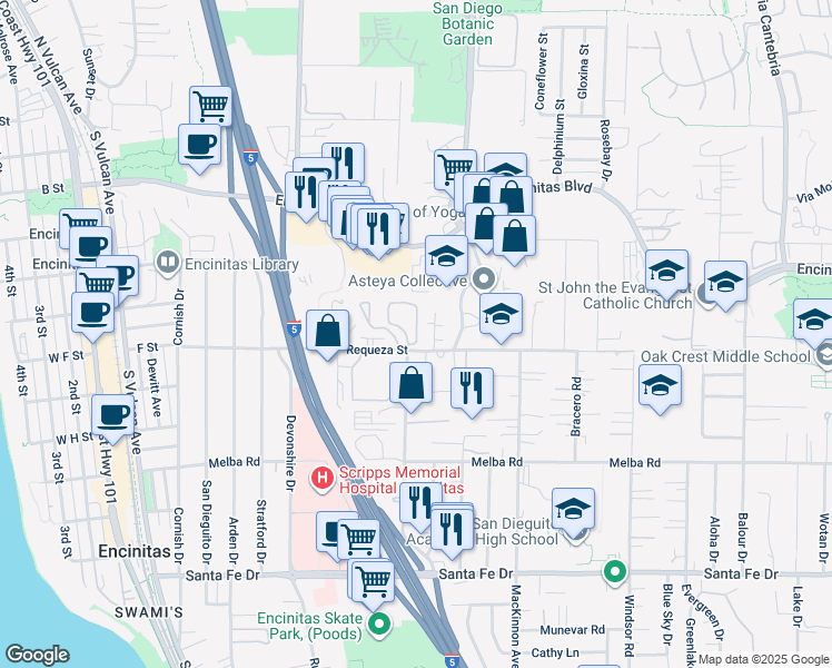 map of restaurants, bars, coffee shops, grocery stores, and more near 537 Requeza Street in Encinitas