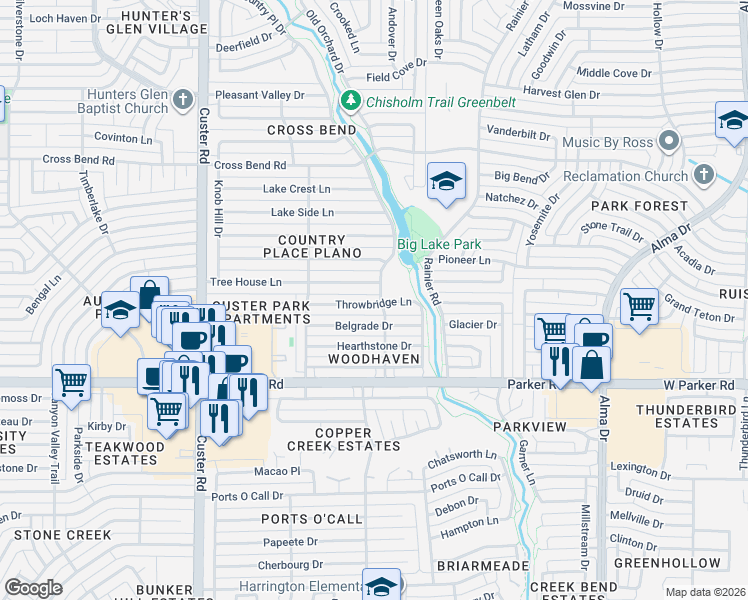 map of restaurants, bars, coffee shops, grocery stores, and more near 1604 Throwbridge Lane in Plano