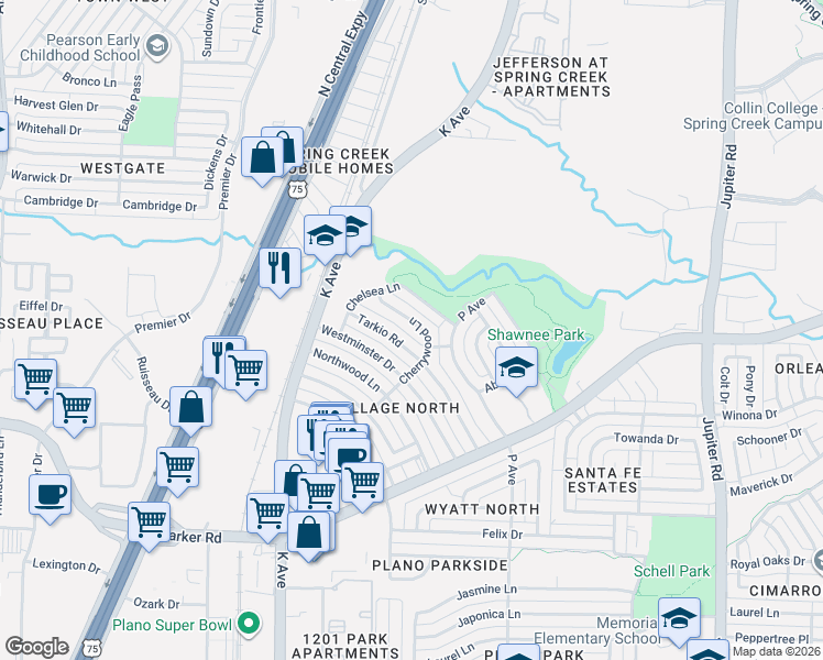 map of restaurants, bars, coffee shops, grocery stores, and more near 3417 Tarkio Road in Plano