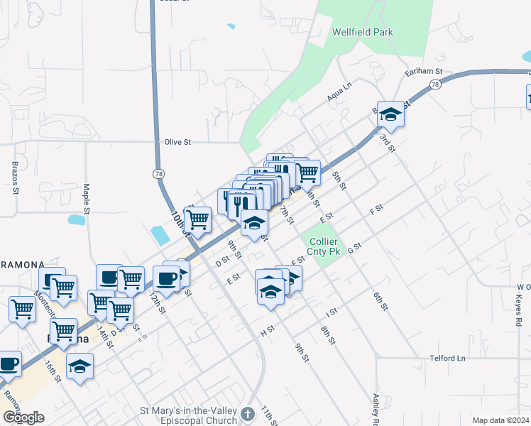 map of restaurants, bars, coffee shops, grocery stores, and more near 738 Main Street in Ramona