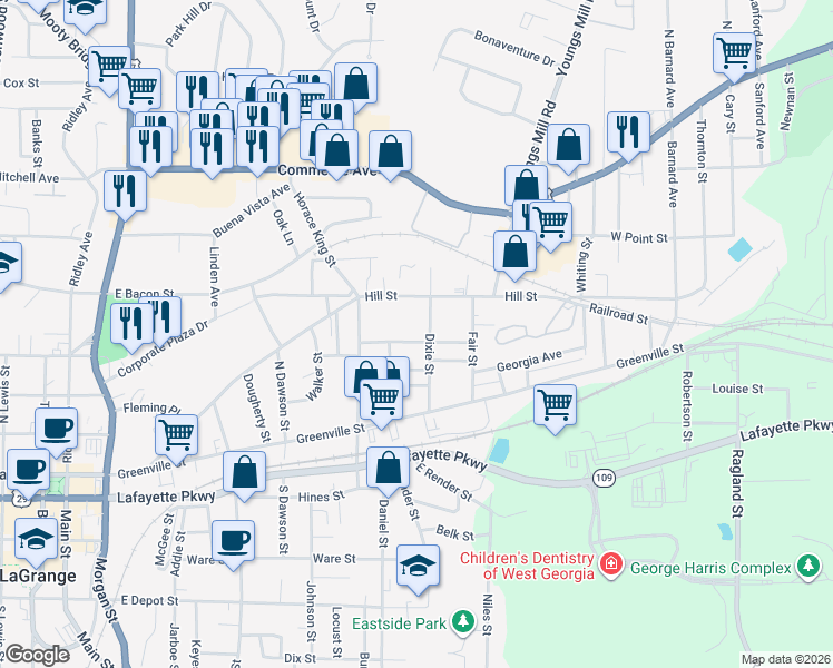 map of restaurants, bars, coffee shops, grocery stores, and more near 700 De Groat Street in LaGrange
