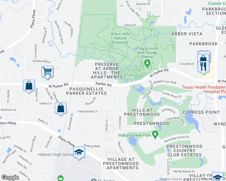 map of restaurants, bars, coffee shops, grocery stores, and more near 4333 Apple Tree Drive in Plano