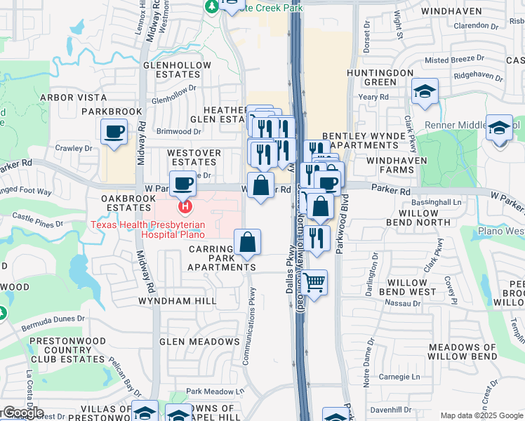 map of restaurants, bars, coffee shops, grocery stores, and more near 6020 West Parker Road in Plano