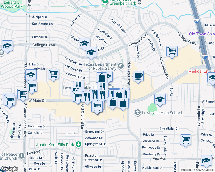 map of restaurants, bars, coffee shops, grocery stores, and more near in Lewisville