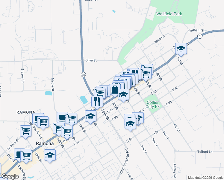 map of restaurants, bars, coffee shops, grocery stores, and more near 830 B Street in Ramona
