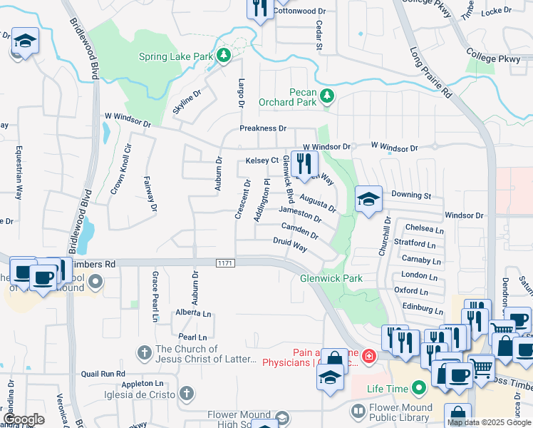 map of restaurants, bars, coffee shops, grocery stores, and more near 3428 Camden Drive in Flower Mound