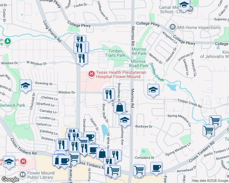 map of restaurants, bars, coffee shops, grocery stores, and more near 4212 Riverside Drive in Flower Mound