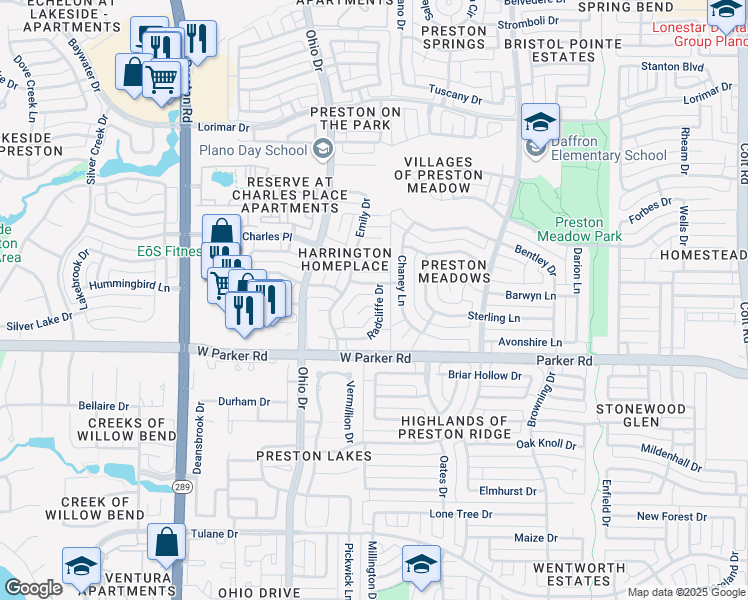map of restaurants, bars, coffee shops, grocery stores, and more near 3320 Radcliffe Drive in Plano
