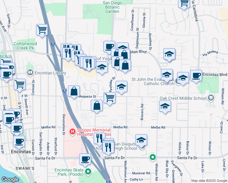 map of restaurants, bars, coffee shops, grocery stores, and more near 675 Westlake Street in Encinitas
