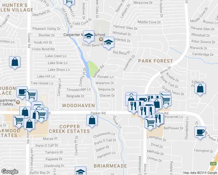map of restaurants, bars, coffee shops, grocery stores, and more near 1412 Sequoia Drive in Plano
