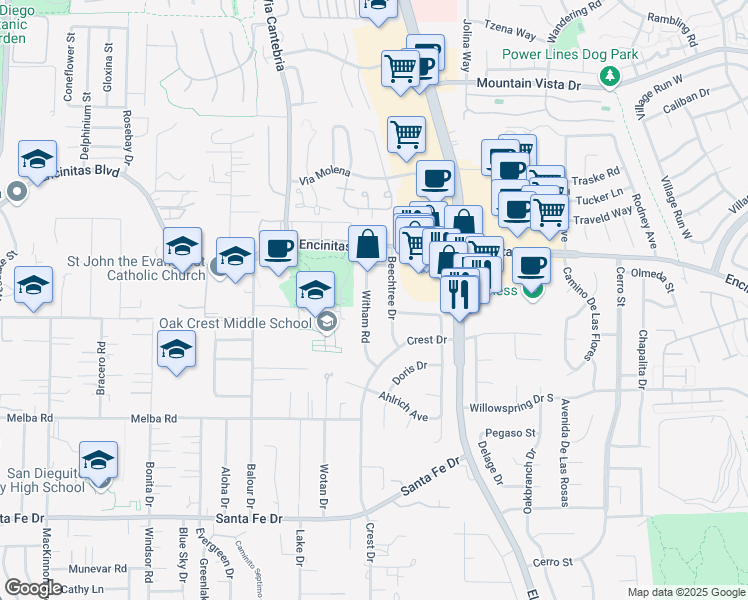 map of restaurants, bars, coffee shops, grocery stores, and more near 202 Beechtree Drive in Encinitas