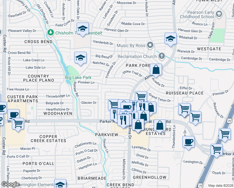 map of restaurants, bars, coffee shops, grocery stores, and more near 1201 Lombardy Drive in Plano
