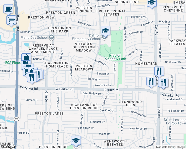 map of restaurants, bars, coffee shops, grocery stores, and more near 4441 Sterling Lane in Plano