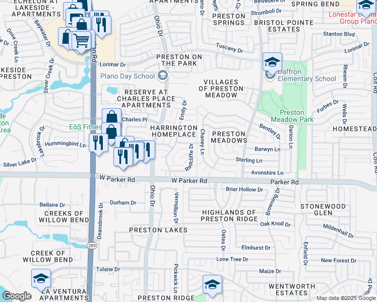 map of restaurants, bars, coffee shops, grocery stores, and more near 3320 Radcliffe Drive in Plano