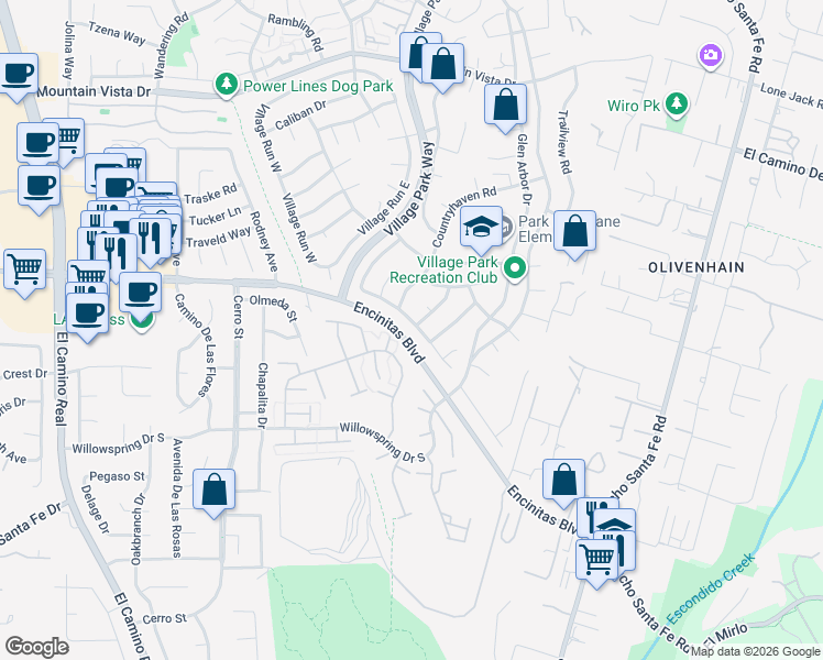 map of restaurants, bars, coffee shops, grocery stores, and more near 2021 Village Wood Road in Encinitas