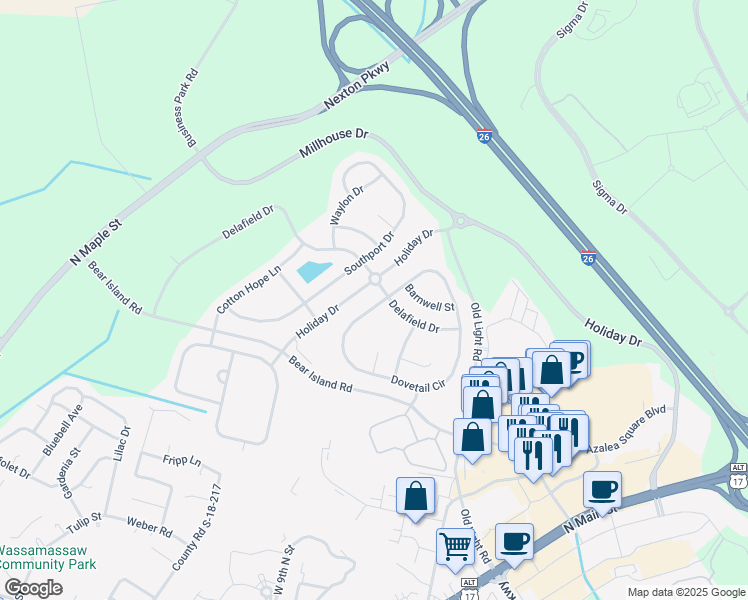 map of restaurants, bars, coffee shops, grocery stores, and more near 404 Dovetail Circle in Summerville