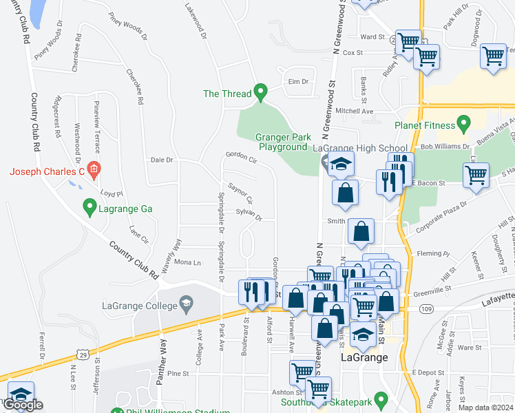 map of restaurants, bars, coffee shops, grocery stores, and more near 100 Saynor Circle in LaGrange