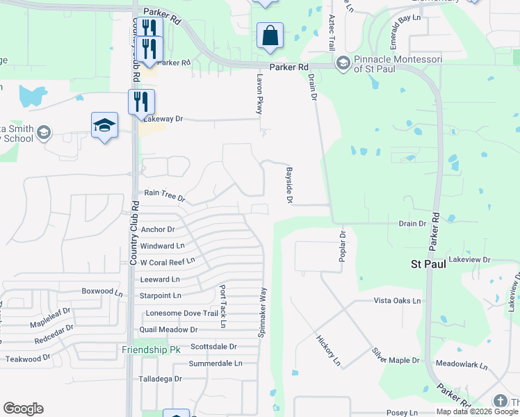 map of restaurants, bars, coffee shops, grocery stores, and more near 1215 Anchor Drive in Wylie