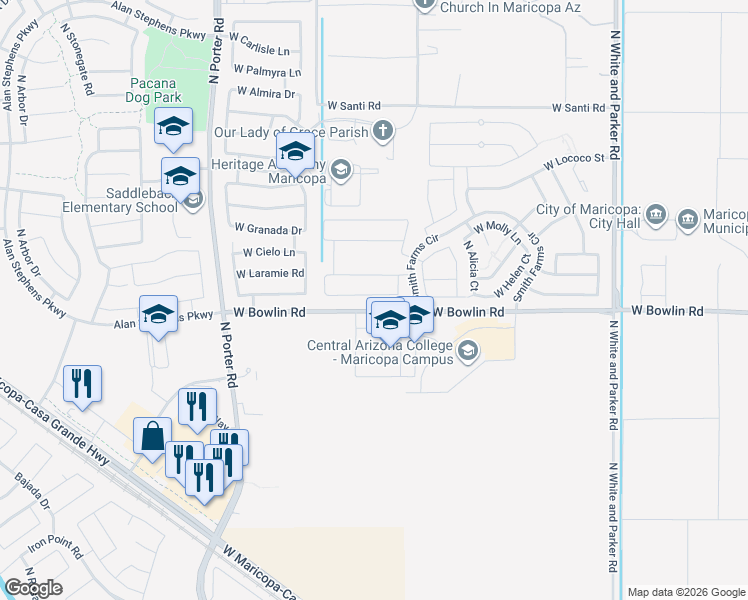 map of restaurants, bars, coffee shops, grocery stores, and more near 40869 West Mary Lou Drive in Maricopa