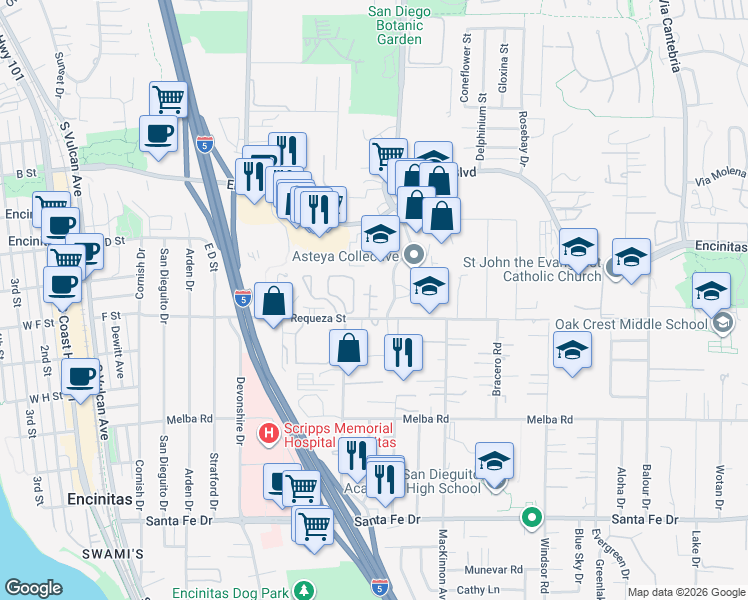 map of restaurants, bars, coffee shops, grocery stores, and more near 544-46 Requeza Street in Encinitas