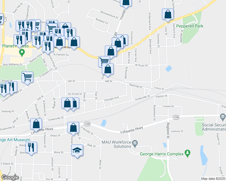 map of restaurants, bars, coffee shops, grocery stores, and more near 201 Reporter Street in LaGrange