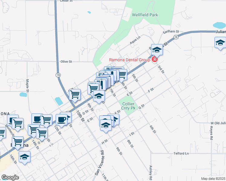 map of restaurants, bars, coffee shops, grocery stores, and more near 318 7th Street in Ramona