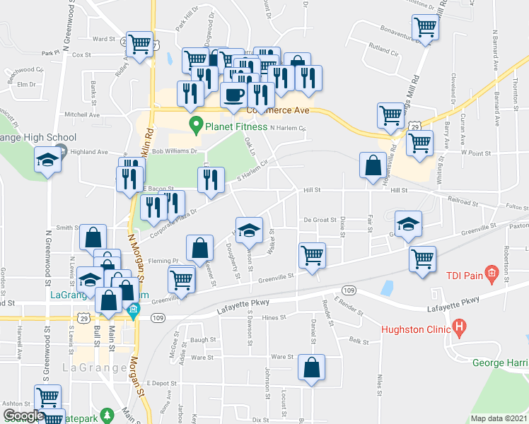 map of restaurants, bars, coffee shops, grocery stores, and more near 414 Hill Street in LaGrange