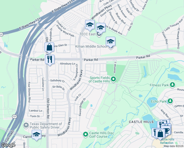 map of restaurants, bars, coffee shops, grocery stores, and more near 2429 Lady of The Lake Boulevard in Lewisville
